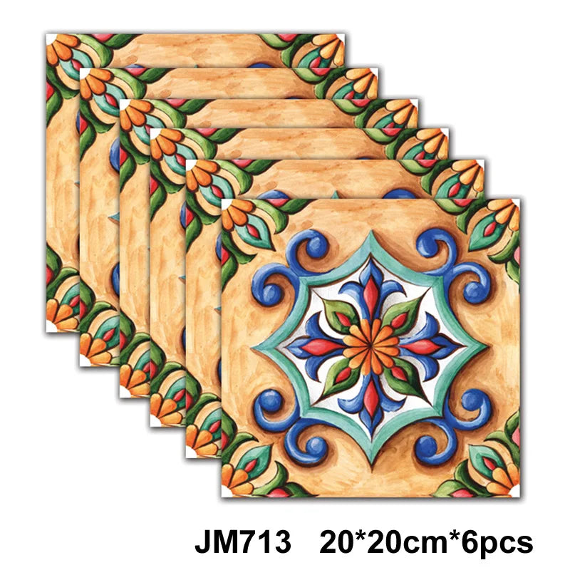 Self-adhesive marble wall tile stickers, warm wood with blue floral ornament tiles