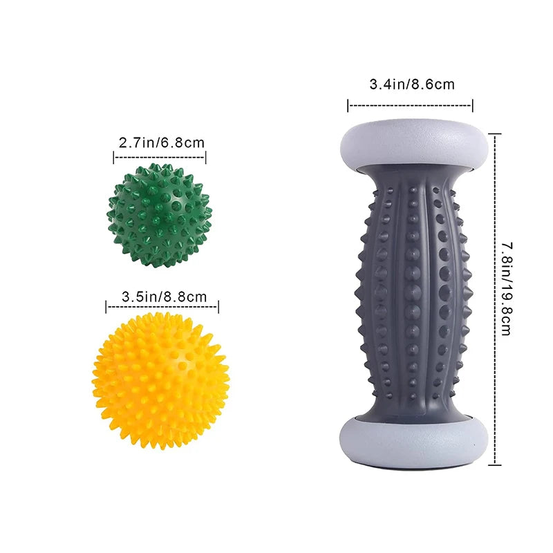 Spiky massage balls and a textured foot roller for muscle recovery, featuring annotated dimensions.