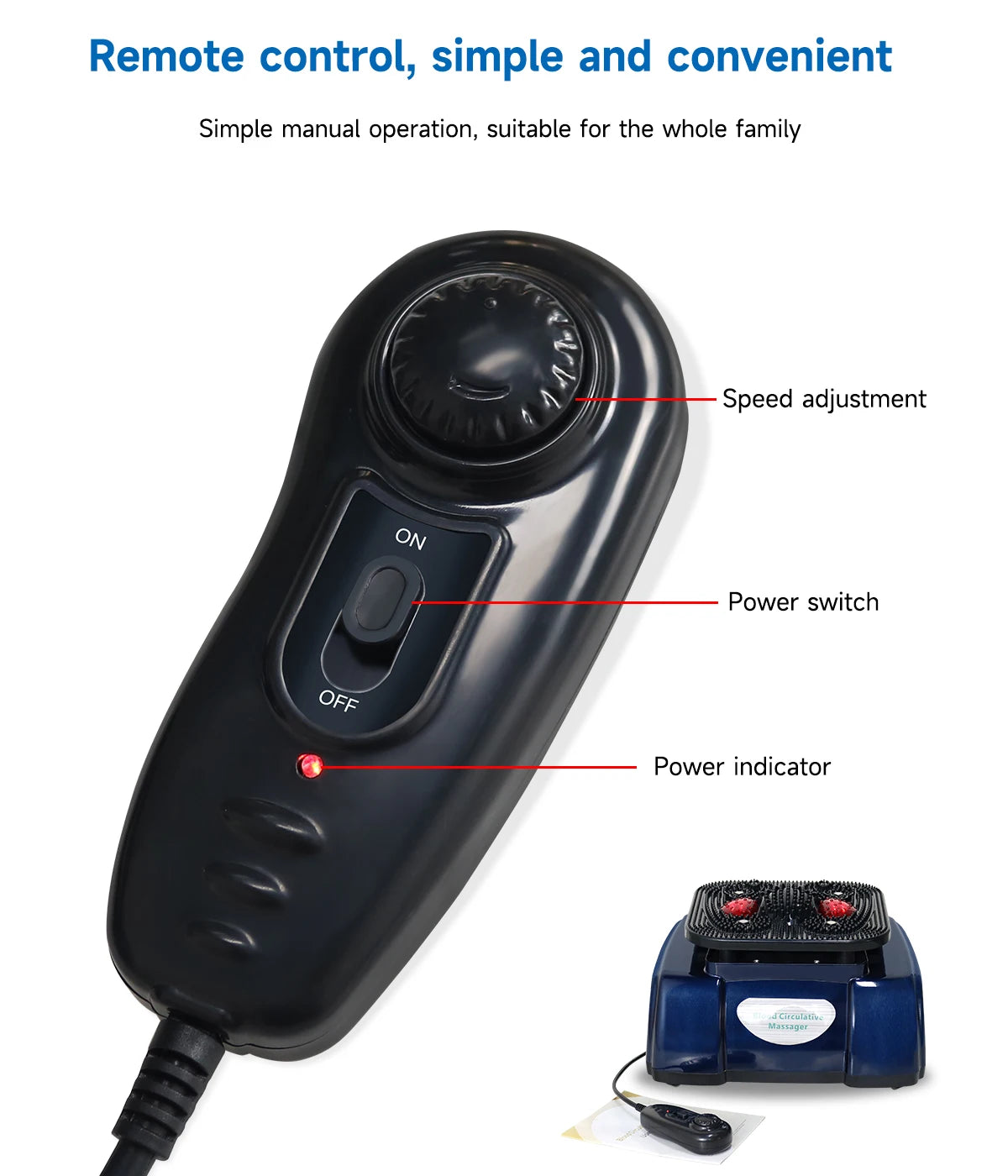 Black remote control for 4QUEENS foot massager, featuring speed adjustment dial, power switch, and LED indicator.