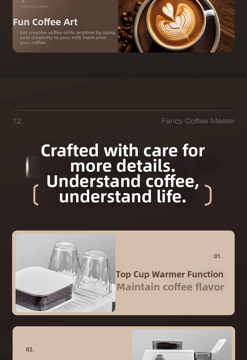Fancy Coffee Master white espresso machine with top cup warmer and two clear glass cups for maintaining heat.