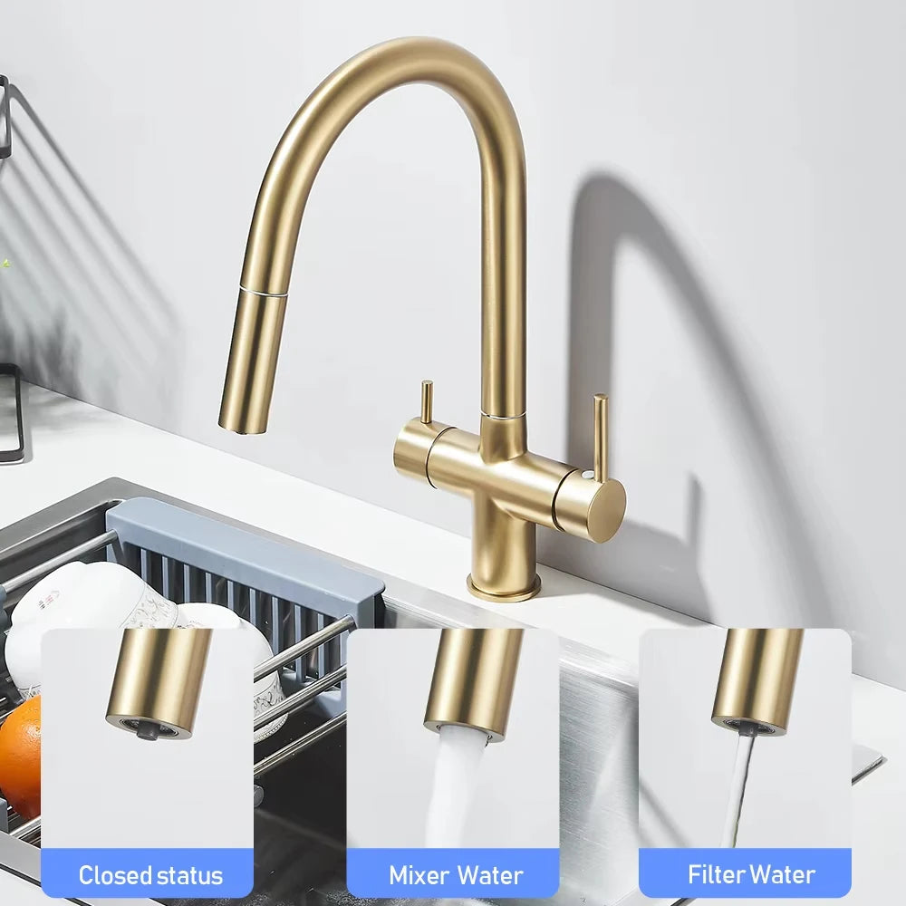 Filter Water Kitchen Faucet Pull Out Sprayer Head Deck Mounted Taps 360 Rotate Hot/Cold Water Mixers Dual Handle