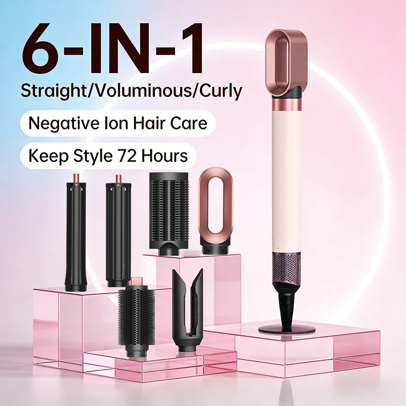 SenCiciMen 6-in-1 rose gold hair styler set with blow dryer brush, curling barrels, and volumizing attachments.