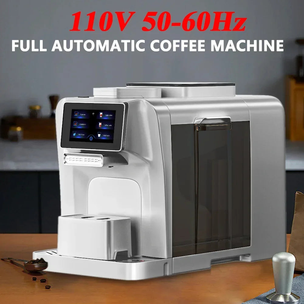 Silver automatic coffee machine with touchscreen display, integrated water tank, and 110V power for home kitchen use.