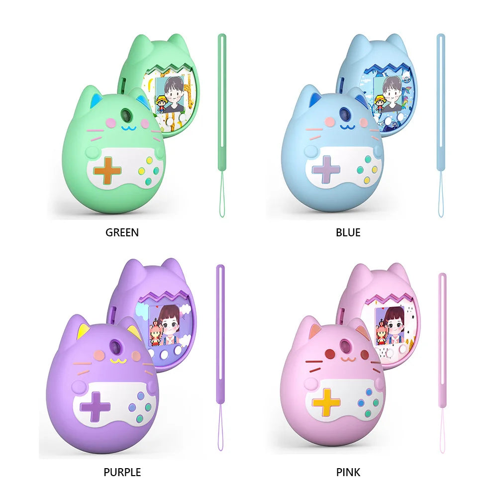 Soft silicone shockproof case for Tamagotchi Pix in green, blue, purple, pink with hand strap for device protection.