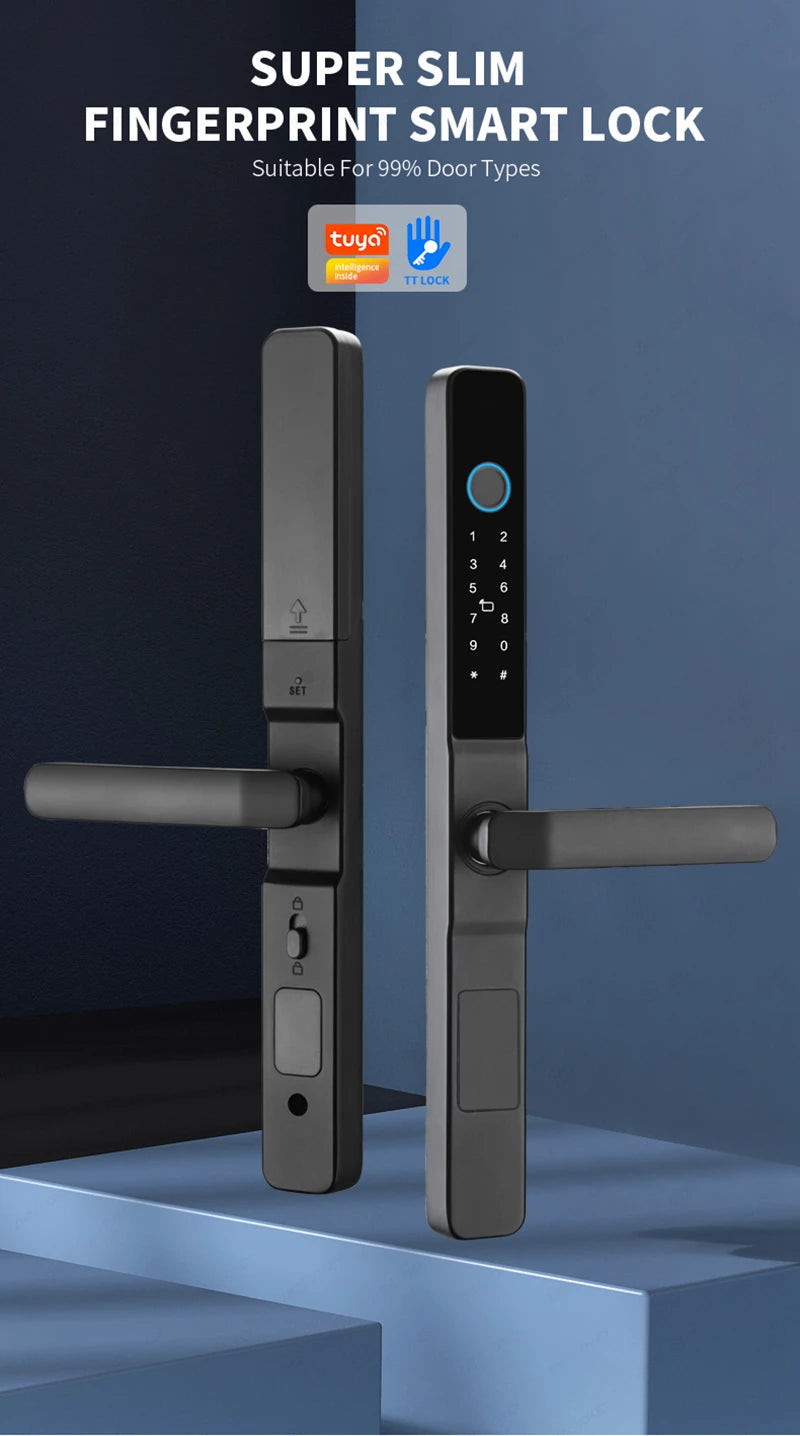 Slim 3.5cm Waterproof Aluminum Smart Door Lock with TTLock Bluetooth Fingerprint Password IC Card APP Control for Sliding Doors