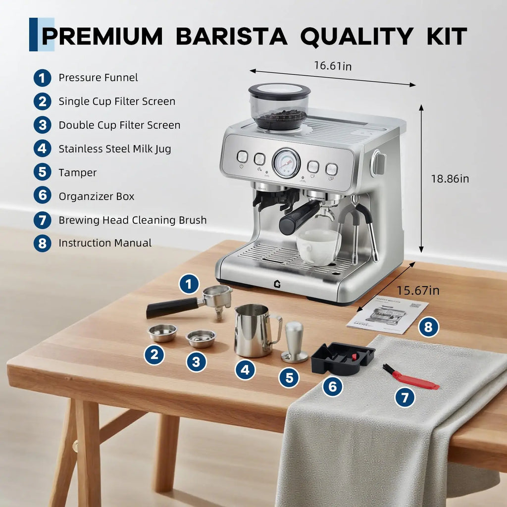 Silver stainless steel espresso machine with dimensions and included barista accessories kit on a wooden table.