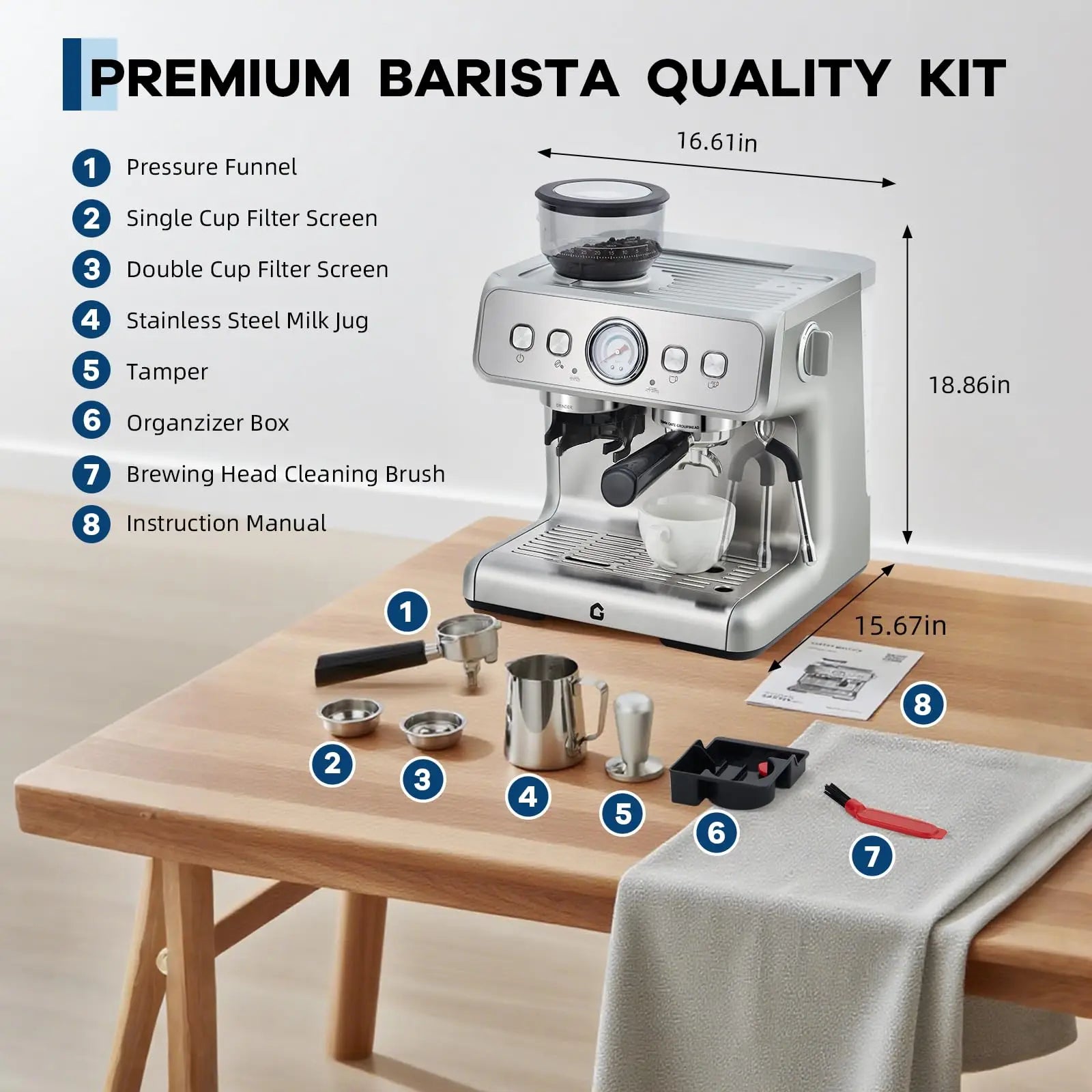 Silver stainless steel espresso machine with dimensions and included barista accessories kit on a wooden table.