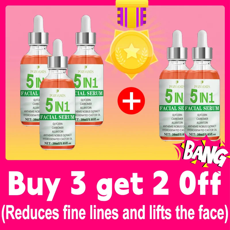 Pozoamis 5-in-1 anti-aging facial serum set with glycerin and allantoin in dropper bottles for wrinkle-free radiance.