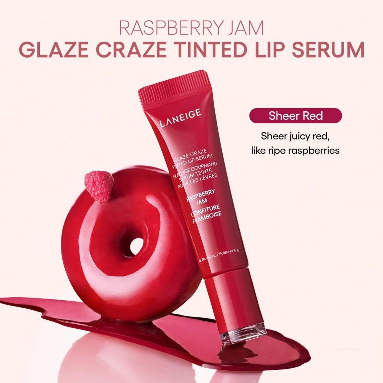 Laneige Glaze Craze Tinted Lip Serum in Raspberry Jam: a sheer, juicy red hydrating lip gloss with a glossy finish.