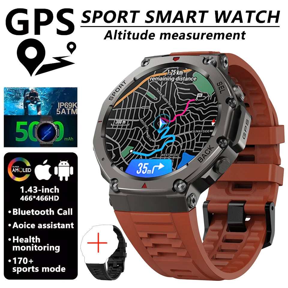 GPS sport smart watch showing route on AMOLED screen with orange silicone strap