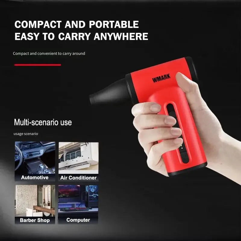 Red WMARK NG-TB001 portable handheld hair dryer and vacuum with nozzle attachment for home, car, and salon use.