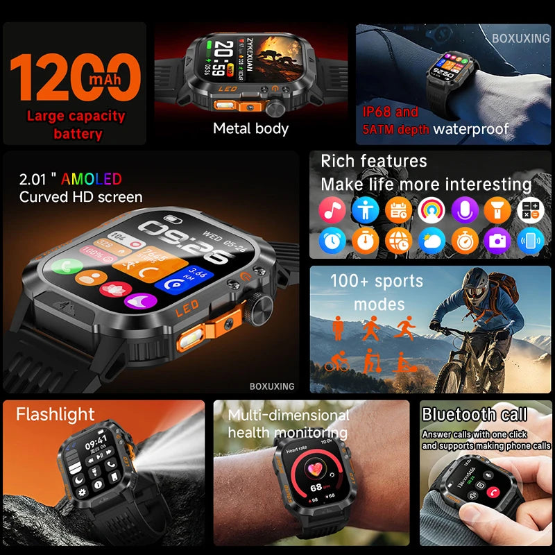New 1200 mAh Battery Rugged Military Smartwatch Men 5ATM Waterproof Fitness Tracker Health Monitor 100+Sports Call Smart Watches