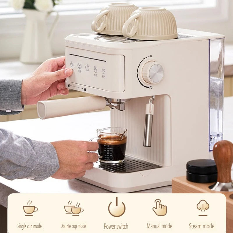 Cream-colored espresso coffee machine with portafilter, steam wand, touch controls, and large water tank on a counter.