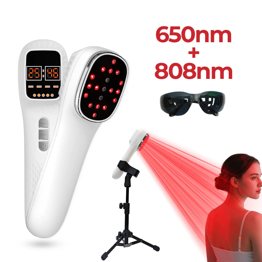 White handheld infrared beauty device with LED display, safety goggles, and tripod stand emitting red light on a woman.