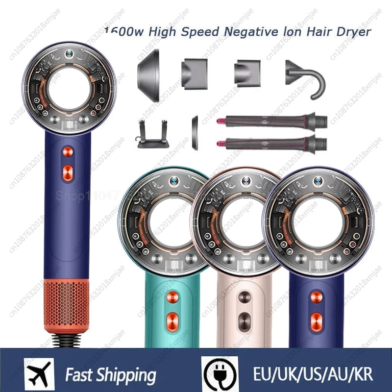 1600W leafless negative ion hair dryer with styling attachments in blue, teal, and pink. Professional hair care tool.