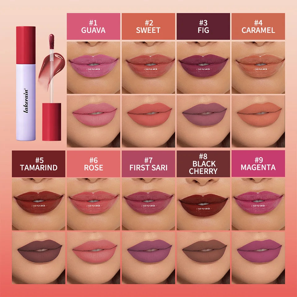 Lakerain Kulfée 9-color lip oil set showing glossy and matte shades, smooth texture, and long-lasting lip makeup swatches.