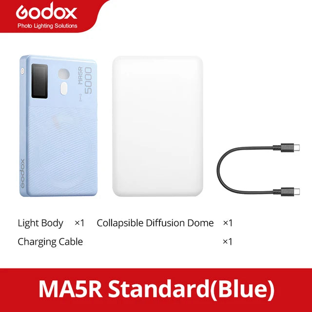MA5R light in blue, white rectangular diffusion dome, and USB-C charging cable for portable photography lighting.