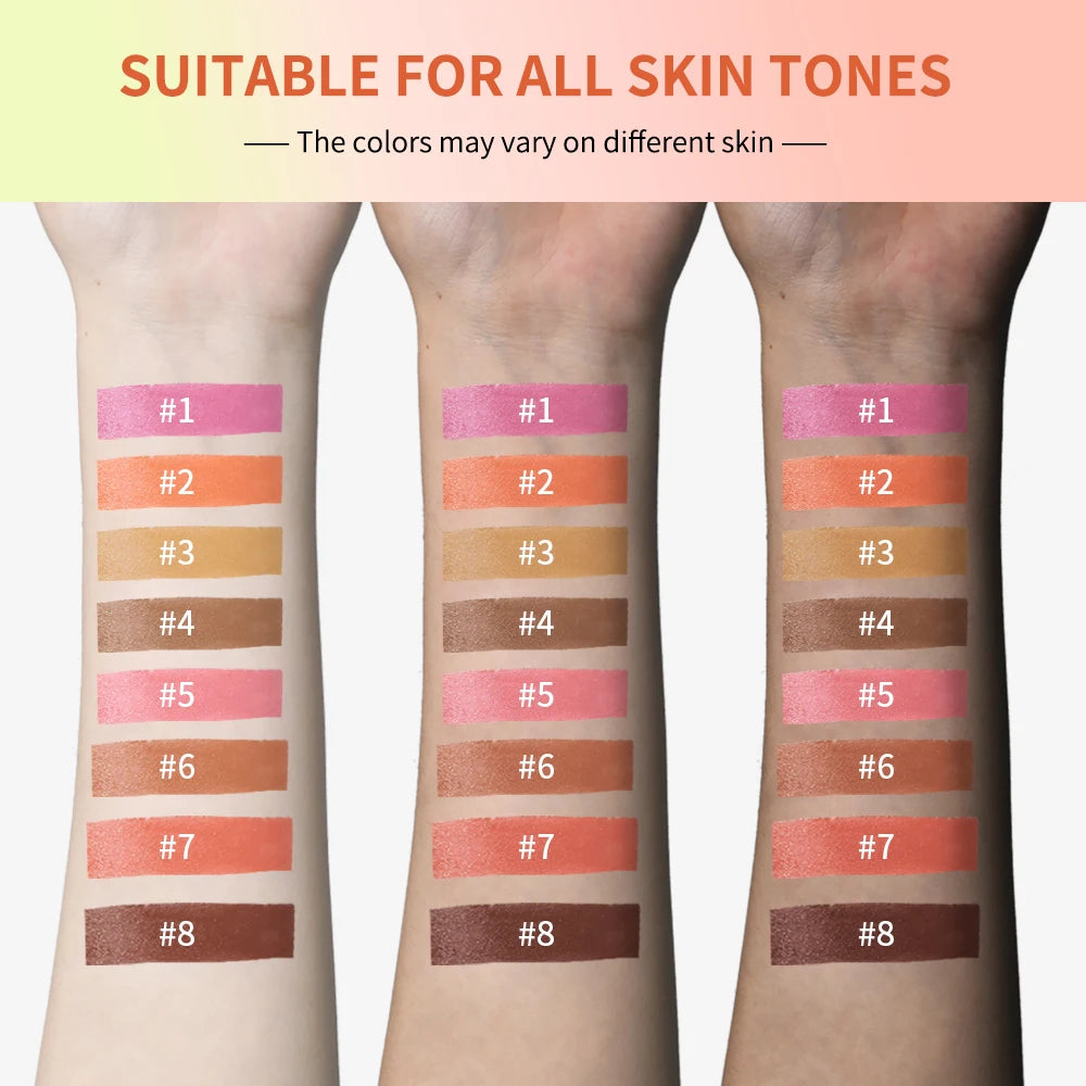 Tidesmit 8-color eyebrow highlighter and blush palette showing matte and shimmer texture close-up for face makeup