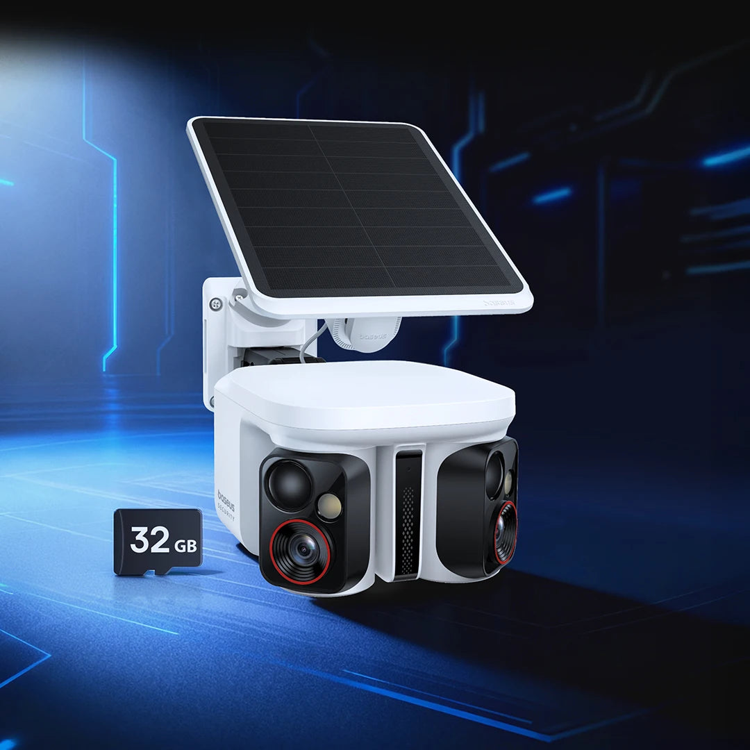 White outdoor solar dual security camera with solar panel and 32GB SD card tag