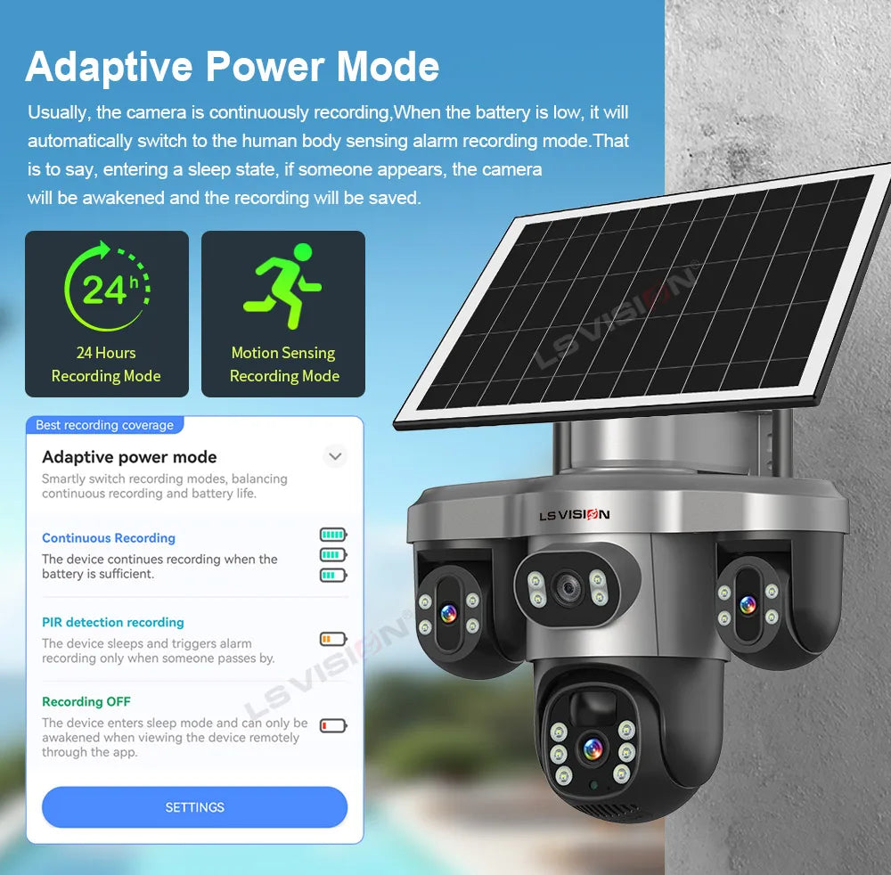 LS VISION 4G / WiFi Solar Camera 3Lenses Outdoor 15MP 4K Low Power Battery IP Camera PIR Night Vision V380 Pro CCTV Security