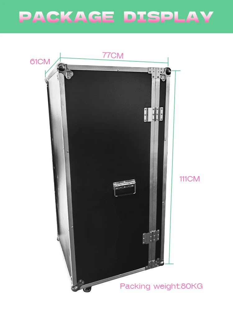 Black protective travel case for LLLT fat burning slim device with dimensions 111x77x61cm, 80kg shipping weight.