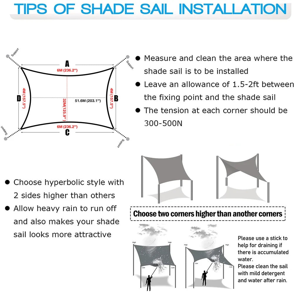 Shade sail installation guide diagram showing measurement layout and corner setup tips