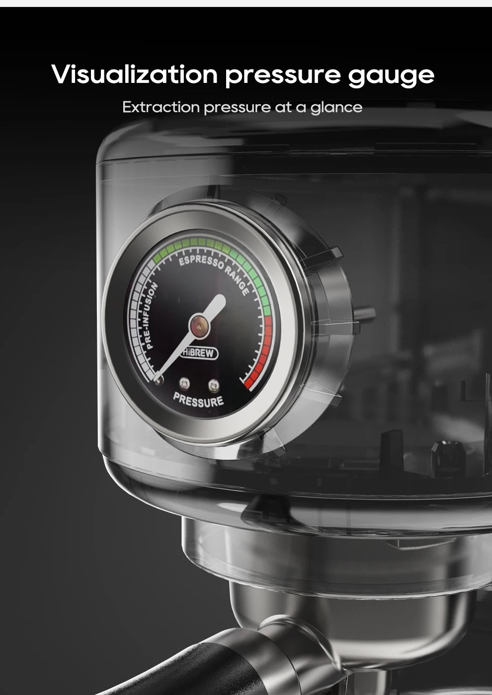 HiBREW espresso machine close-up featuring a transparent body and integrated analog extraction pressure gauge.
