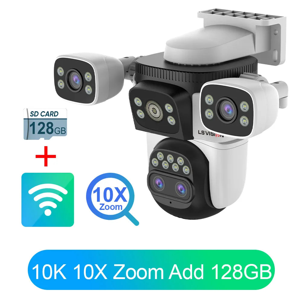 LS VISION Wireless WiFi Camera, 10K, 20MP, Outdoor, 10X Zoom, Four Lens, 720 ° PTZ, Automatic Tracking, Waterproof CCTV Cam