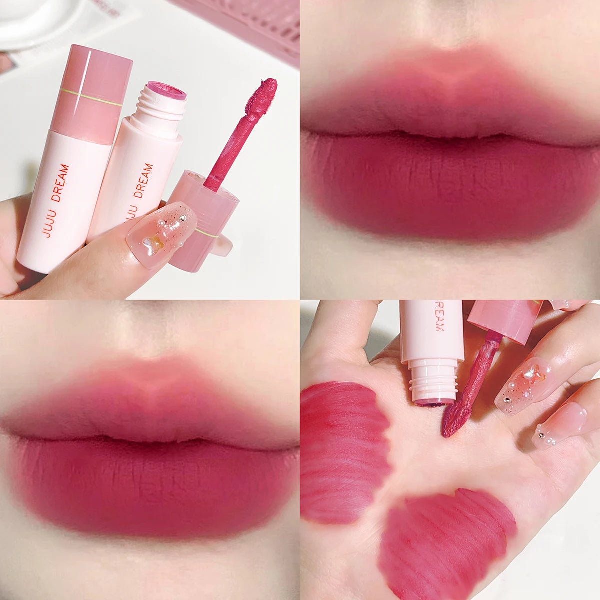 JUJU DREAM matte lip glaze in rosy pink with soft velvet texture, long-lasting non-stick formula on lips and skin.