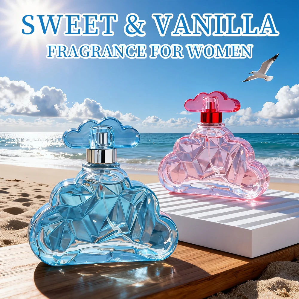 3.4oz cloud-shaped EDT perfume for women. Sweet vanilla, lavender, bergamot, pear scent. Durable daily fragrance spray.