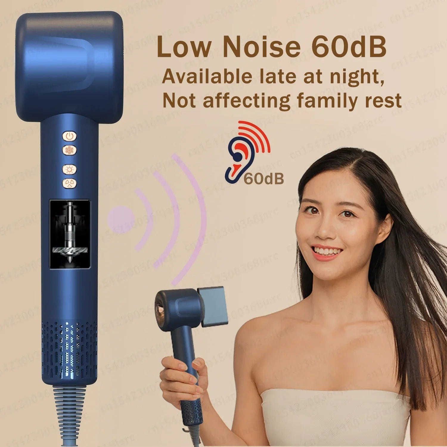 Blue 1600W leafless negative ion hair dryer, quiet 60dB professional styling tool with magnetic nozzle attachment.