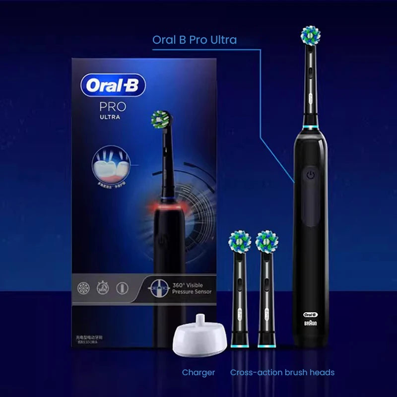 Oral B Pro Ultra Electric Toothbrush 30S Smart Timer Pressure Pro 4 Modes Gum Care Deep Clean Tooth Brushes with 3 Brush Heads