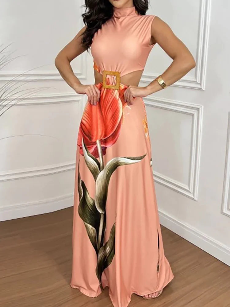 Solid Patchwork Hollow Out Fashion Maxi Dress, Women Summer Sleeveless Simple Party Dress, 2025 New Turtleneck Sexy Ladies Dress