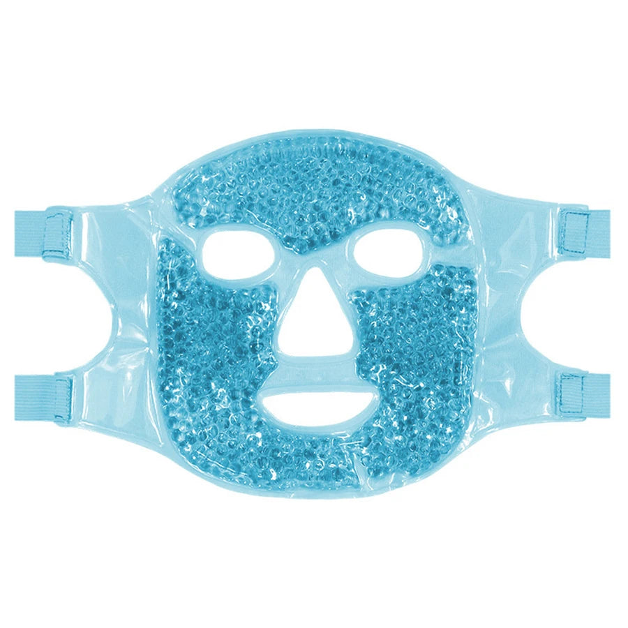 Light blue gel bead facial mask for hot or cold therapy, with elastic straps and cutouts for eyes, nose, and mouth.