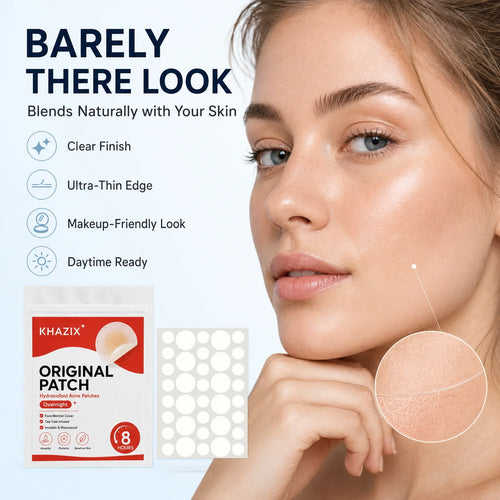 Hydrocolloid acne patches with clear round patch disc on skin, shown with 36 pcs pack.