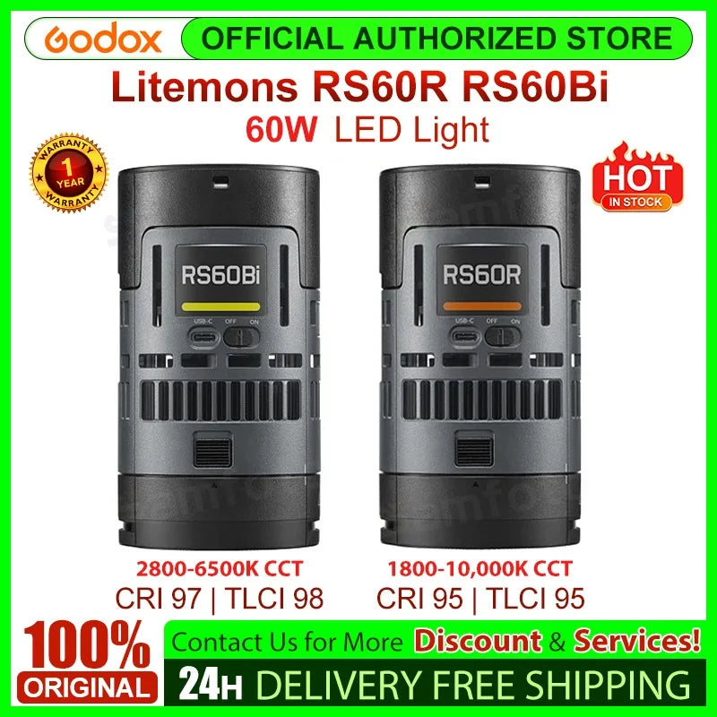 Two grey, cylindrical 60W LED lights for photography, featuring USB-C ports, power switches, and digital displays.