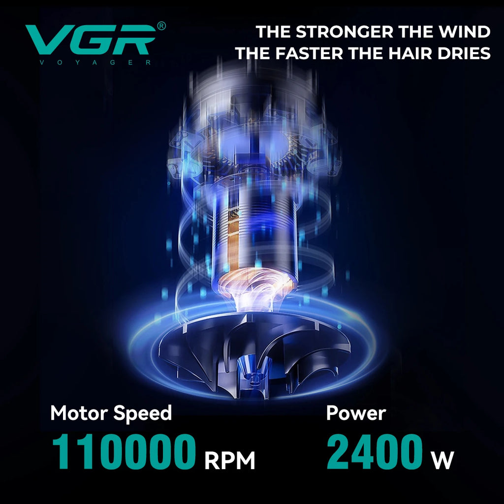 VGR V-469 professional hair dryer with 110,000 RPM BLDC motor and 2400W power for fast, salon-quality drying.