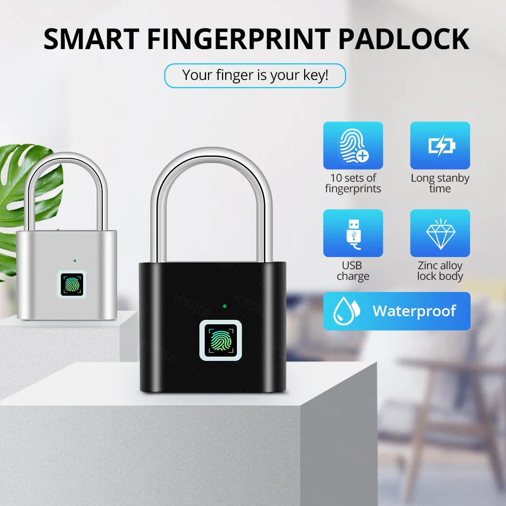 KERUI Fingerprint Lock Keyless USB Charging Smart Padlock Anti-theft Zinc Waterproof Door Lock 0.2sec Unlock Portable Door Lock