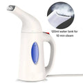 Garment steamer for clothes with 120ml water tank, white handheld design releasing continuous steam for wrinkle removal.