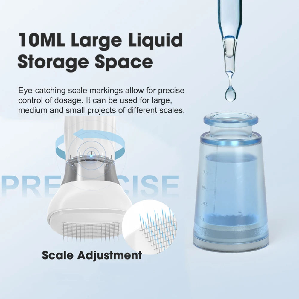 S2 Derma Stamp with 10ml serum container and 140 adjustable microneedles for hair regrowth and facial skin treatment.