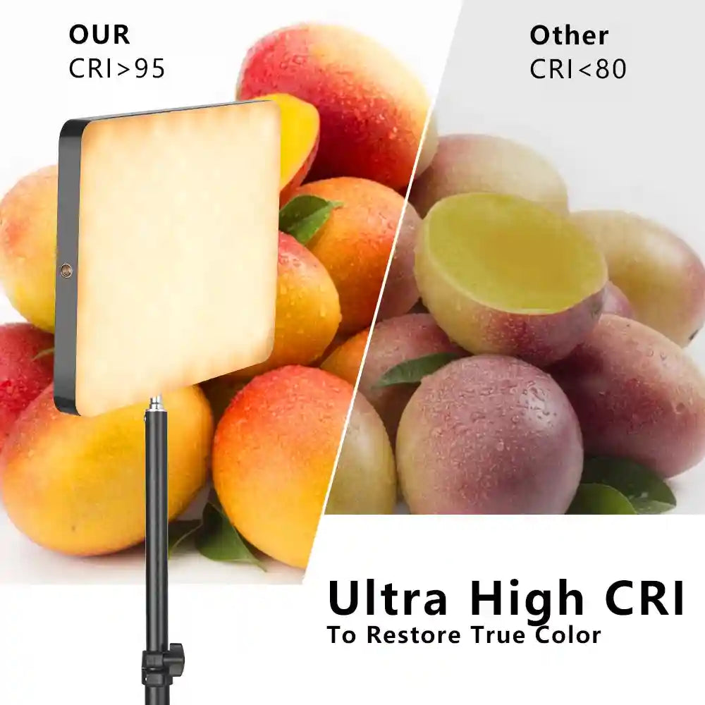 Square LED panel light on a stand, showing superior color rendering compared to standard lighting on fruit.