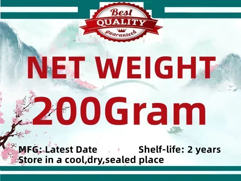 200g adaptogen mushroom powder supplement packaging with quality guarantee.