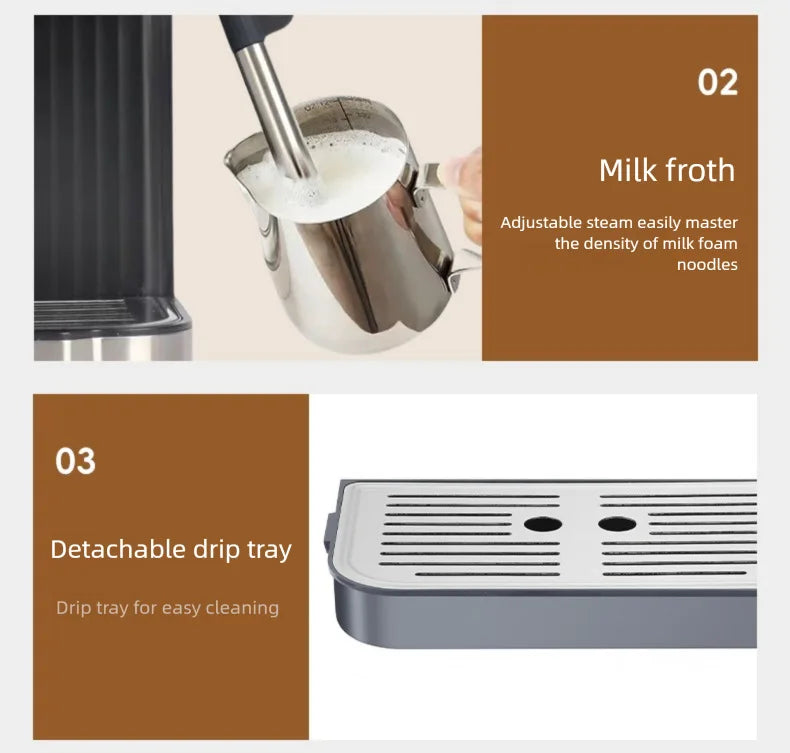 Black espresso machine with stainless steel milk frothing wand and detachable drip tray for easy cleaning.
