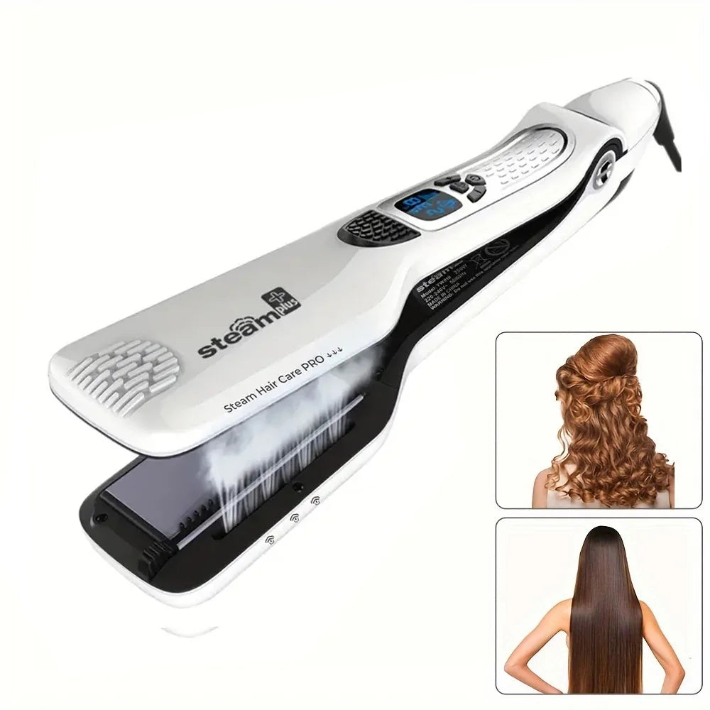 White steam hair straightener with digital display, ceramic plates, and steam vents for smooth, professional styling.