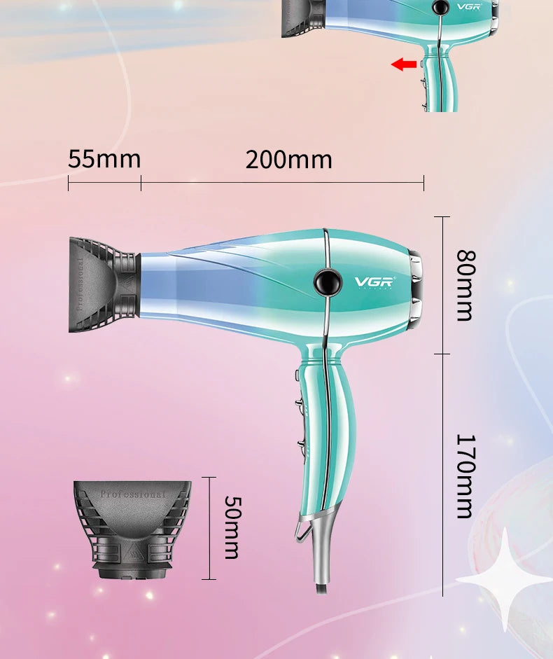 VGR V-452 professional blue gradient ionic hair dryer with styling nozzle attachment for fast, salon-quality drying.