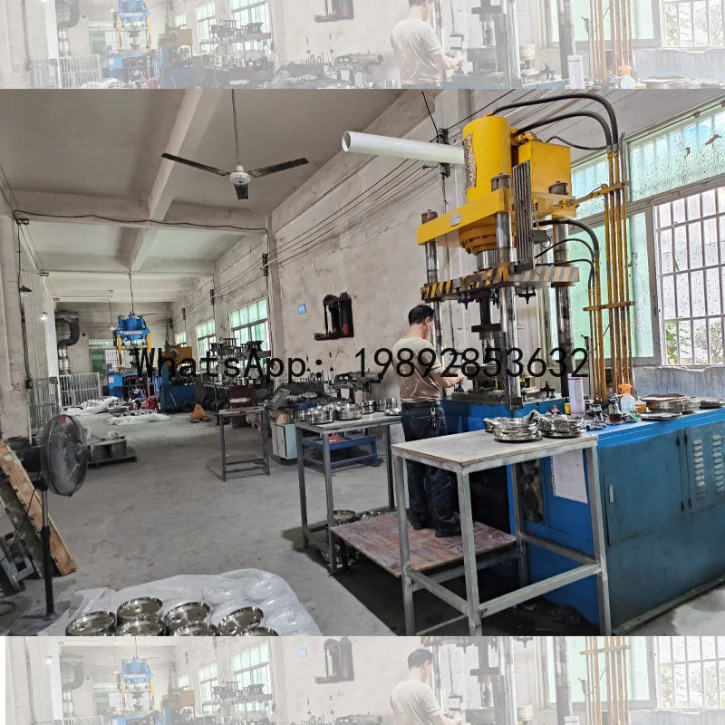 Stainless steel pressure cooker manufacturing workshop with machines and worktables