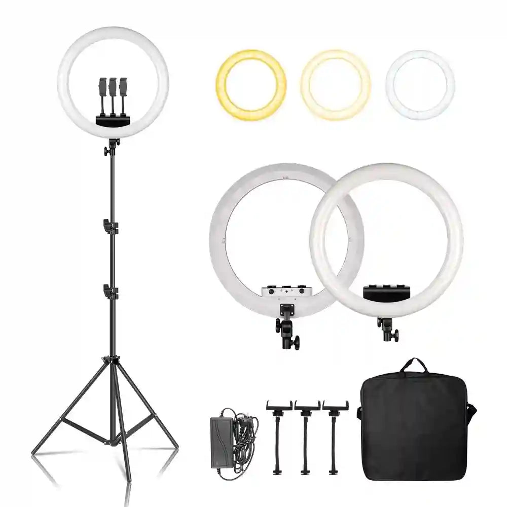 18-inch ring light on a tripod stand with adjustable color modes, three phone holders, power adapter, and carry bag.