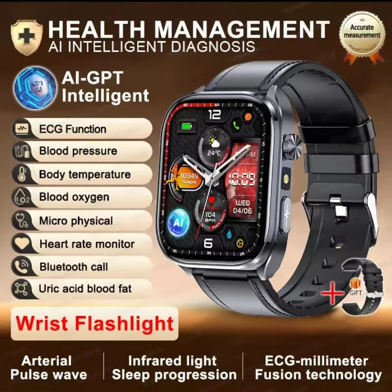 Smartwatch with black strap and dark face, multi-color health icons and digital time