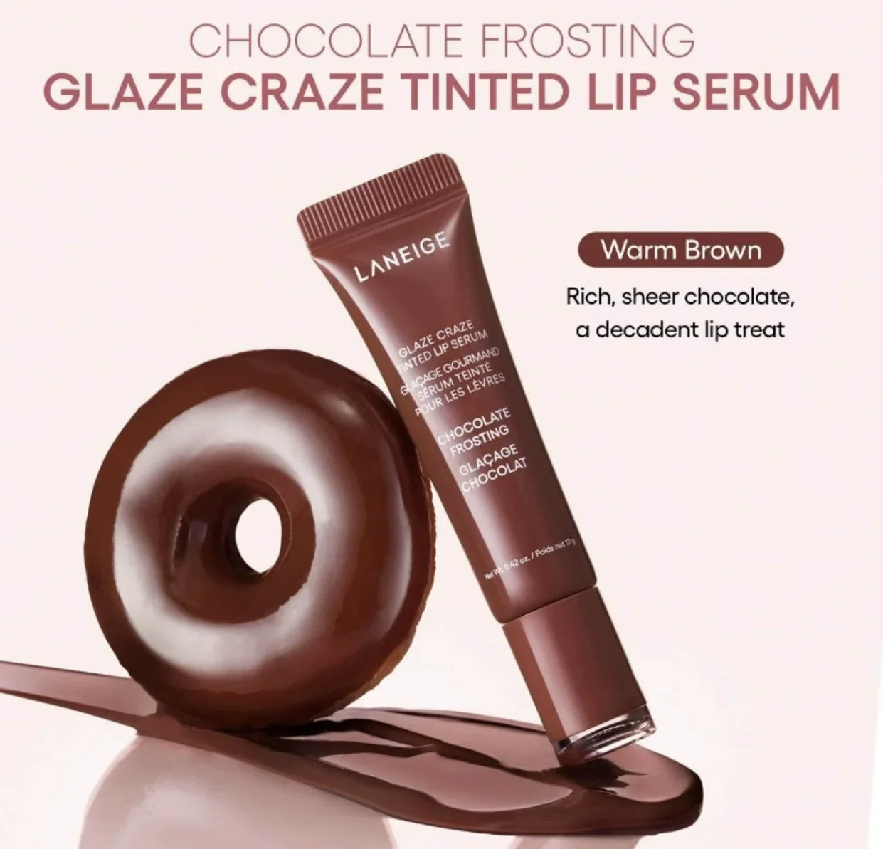 Laneige Glaze Craze Tinted Lip Serum in Chocolate Frosting, a warm brown sheer plumping lip gloss with donut aesthetic.