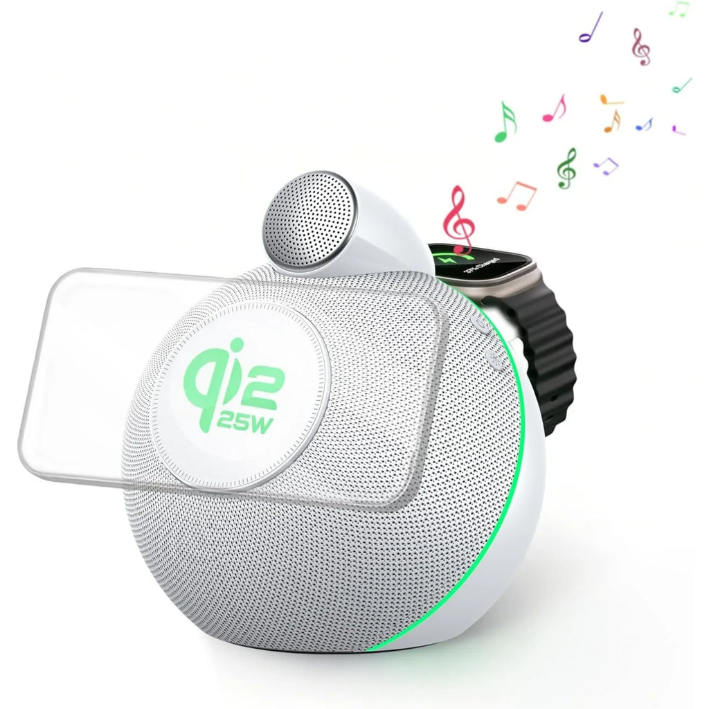 Bluetooth 5.3 Hi-Fi Speakers & Soft Ambient Lights 4-in-1 Qi2.2 25W Magnetic Wireless Charger for iPhone Apple Watch Airpods Pro